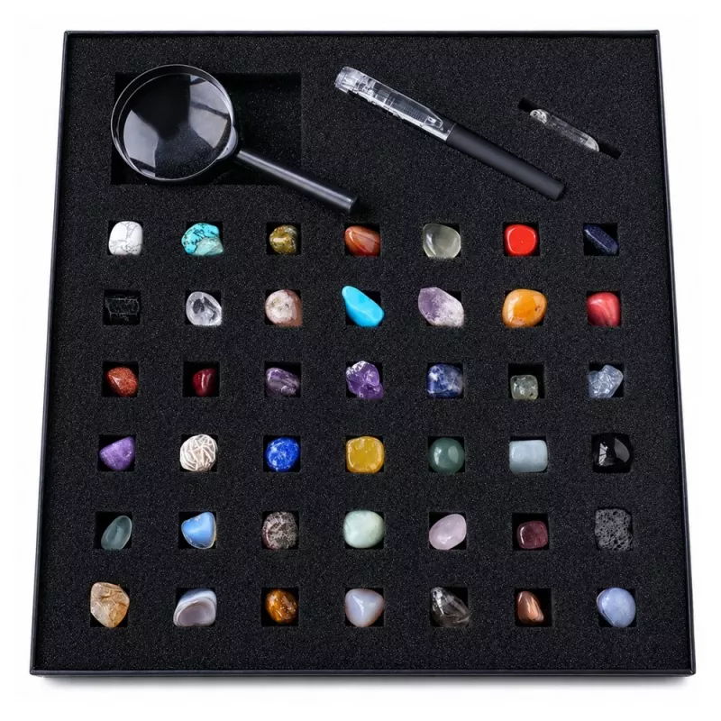 LEAN TOYS Set de piedras minerales y cristales naturales con lupa y bolígrafo, 43 piezas