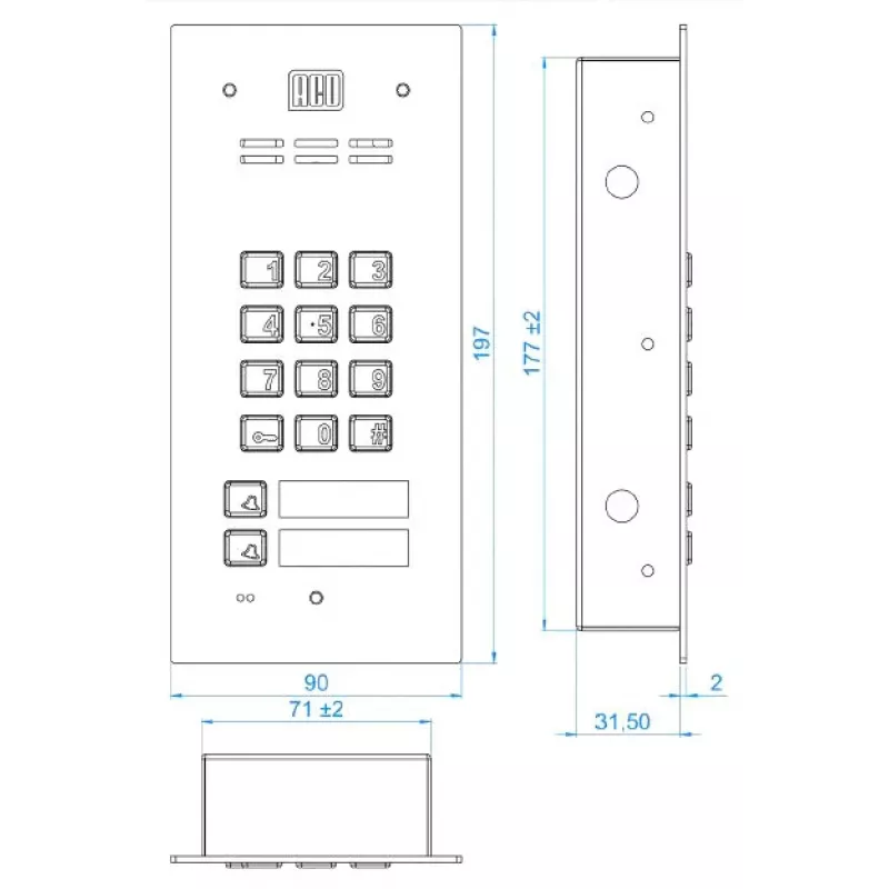 ACO FAM-P-2NPZSACC Estación exterior de portero para 2 viviendas de montaje empotrado con lector RFID y teclado numérico, plateado