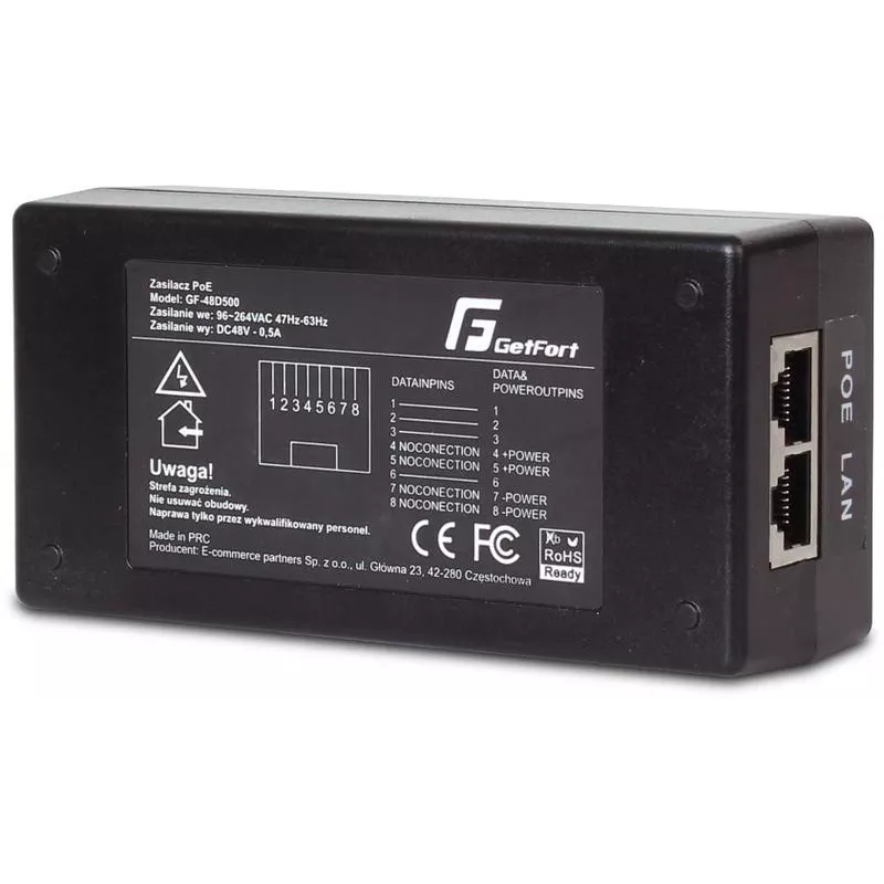 GETFORT GF-48D500 Adaptador PoE 48V 0.5A 24W inyector PoE pasivo