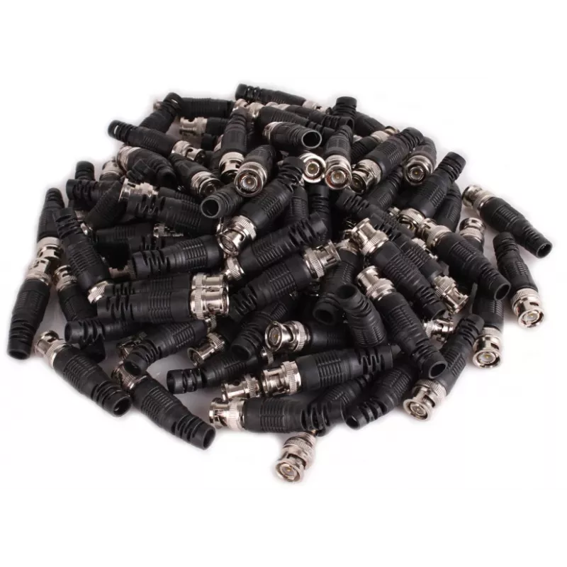 Conector BNC macho para cable coaxial RG-59, 75 ohmios, conexión por tornillo, carcasa de plástico, negro, 100 uds.