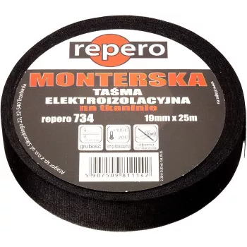 REPERO 734 Cinta aislante eléctrica de tela, algodón, Negro, 19mm x 25m
