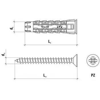 WKRĘT-MET Taco universal 10x60/70, tornillo de cabeza avellanada, caja (SFXP-10060070 x 50 uds.)