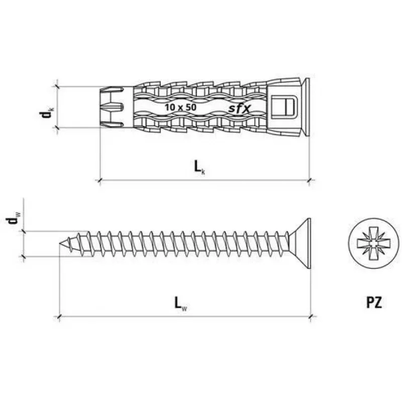 WKRĘT-MET Taco universal 10x60/70, tornillo de cabeza avellanada, caja (SFXP-10060070 x 50 uds.)