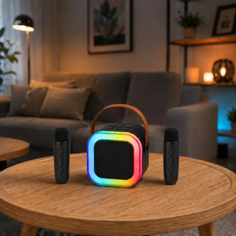 LEAN Set de karaoke altavoz Bluetooth dos micrófonos luces LED negro