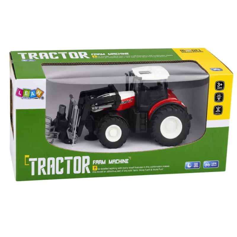 LEAN TOYS RC Tractor agrícola rojo con mando a distancia y pinza para balas 1:24