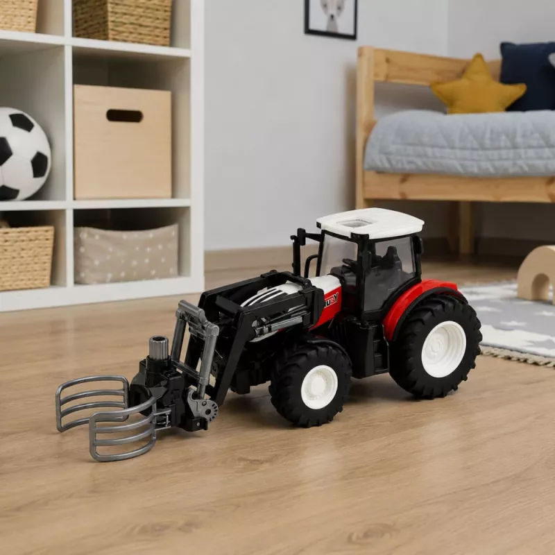 LEAN TOYS RC Tractor agrícola rojo con mando a distancia y pinza para balas 1:24