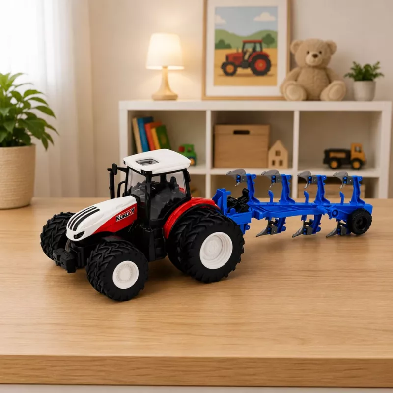LEAN TOYS Tractor RC con mando a distancia y arado doble rojo 1:24
