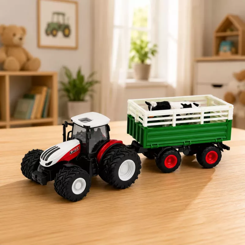 LEAN TOYS Tractor RC con mando a distancia, remolque y figura de vaca 1:24
