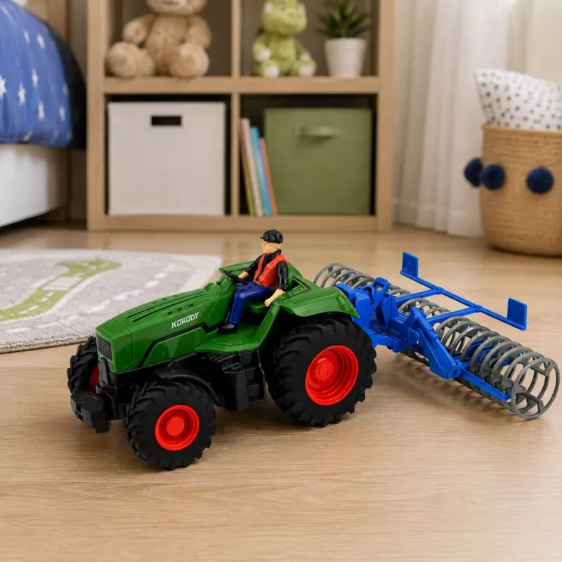 LEAN TOYS Tractor RC verde con rodillo y agricultor 1:24 teledirigido