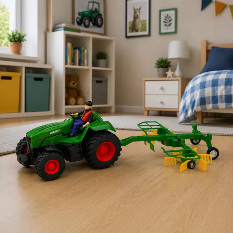 LEAN TOYS Tractor teledirigido con rastrillo de heno, luces RC 1:24