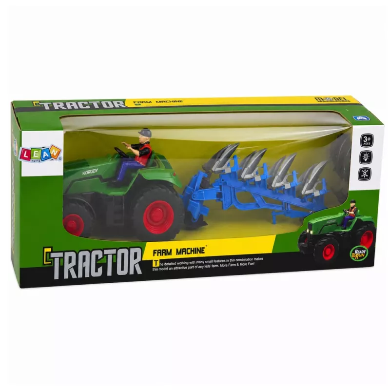 LEAN TOYS Tractor RC con arado y agricultor, teledirigido, luces, verde, 1:24
