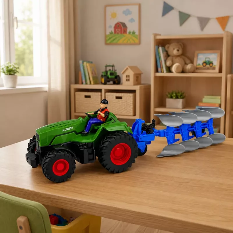 LEAN TOYS Tractor RC con arado y agricultor, teledirigido, luces, verde, 1:24