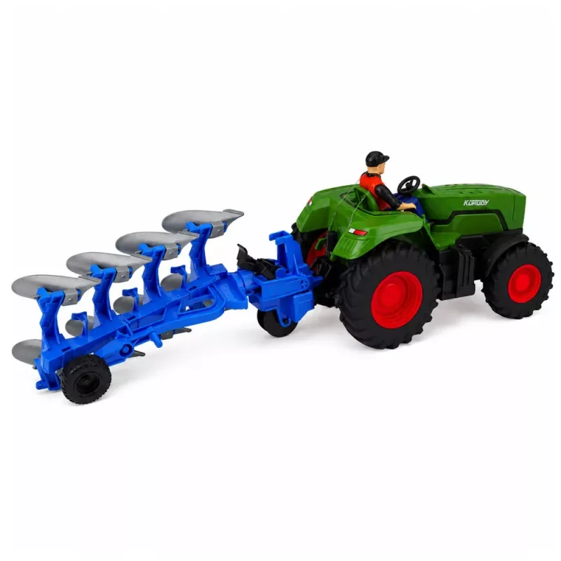 LEAN TOYS Tractor RC con arado y agricultor, teledirigido, luces, verde, 1:24