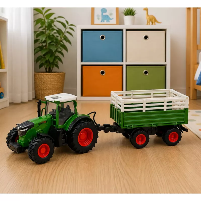 LEAN TOYS Tractor agrícola RC con remolque basculante e iluminación 1:24