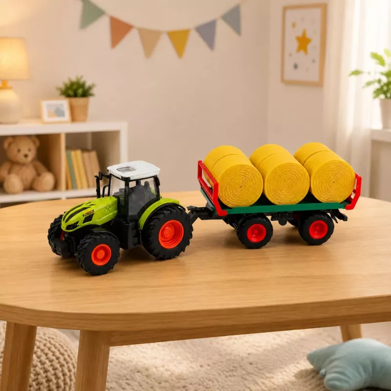 LEAN TOYS Tractor RC teledirigido con remolque de balas de heno e iluminación 1:24