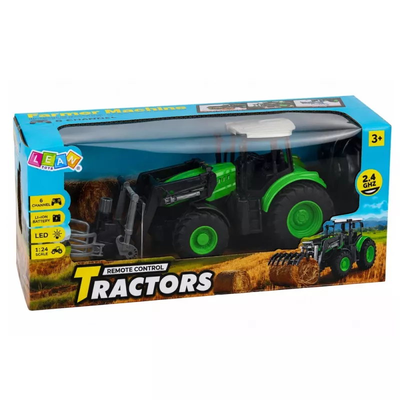 LEAN TOYS Tractor RC con pinza para balas, teledirigido, luces, verde, 1:24