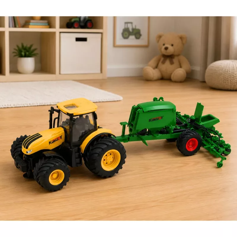 LEAN TOYS Tractor con sembradora y cultivador, luz y sonido, amarillo, 1:24