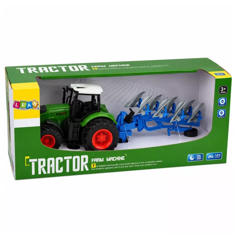 LEAN TOYS Tractor agrícola con arado de doble vertedera, neumáticos de goma, verde, 1:24