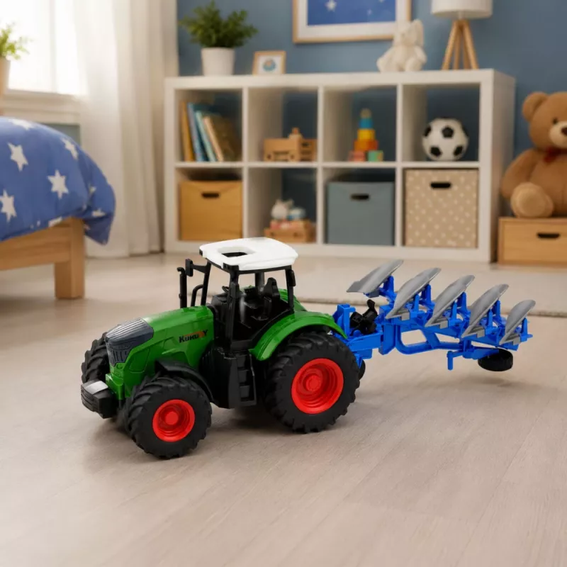 LEAN TOYS Tractor agrícola con arado de doble vertedera, neumáticos de goma, verde, 1:24