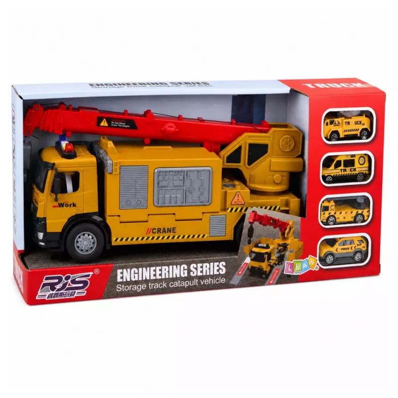 LEAN TOYS Camión con grúa y transportador de vehículos, luces, sonidos, amarillo