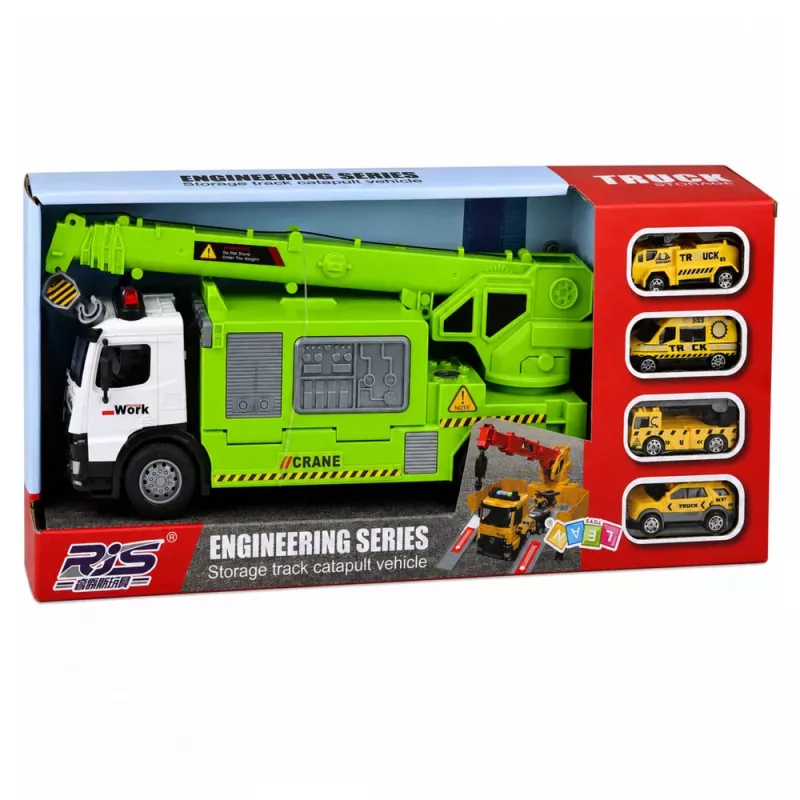 LEAN TOYS Camión con grúa y transportador de vehículos, luz, sonido, verde
