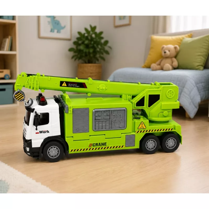 LEAN TOYS Camión con grúa y transportador de vehículos, luz, sonido, verde