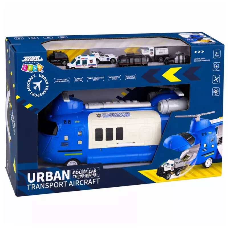 LEAN TOYS Avión de transporte policial plegable con vehículos, luces y sonidos