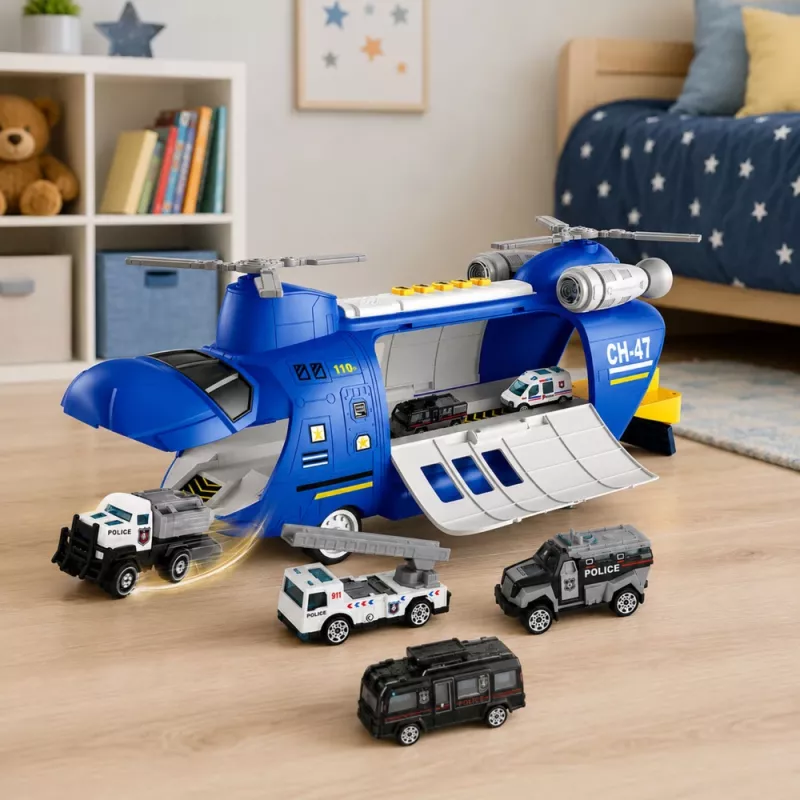 LEAN TOYS Avión de transporte policial plegable con vehículos, luces y sonidos