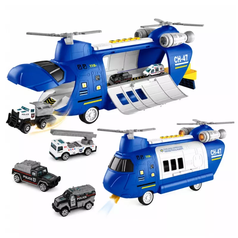 LEAN TOYS Avión de transporte policial plegable con vehículos, luces y sonidos
