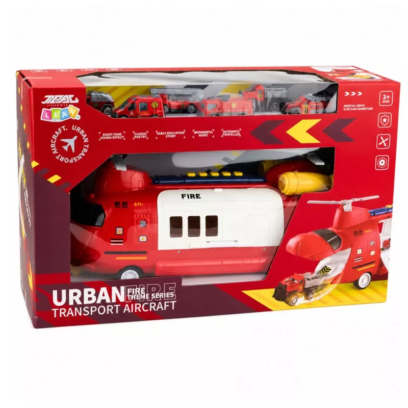 LEAN TOYS Gran avión de transporte de bomberos plegable con vehículos, luces y sonidos