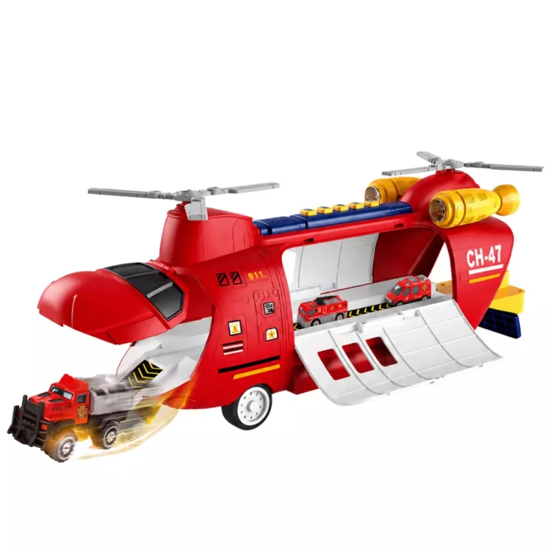 LEAN TOYS Gran avión de transporte de bomberos plegable con vehículos, luces y sonidos