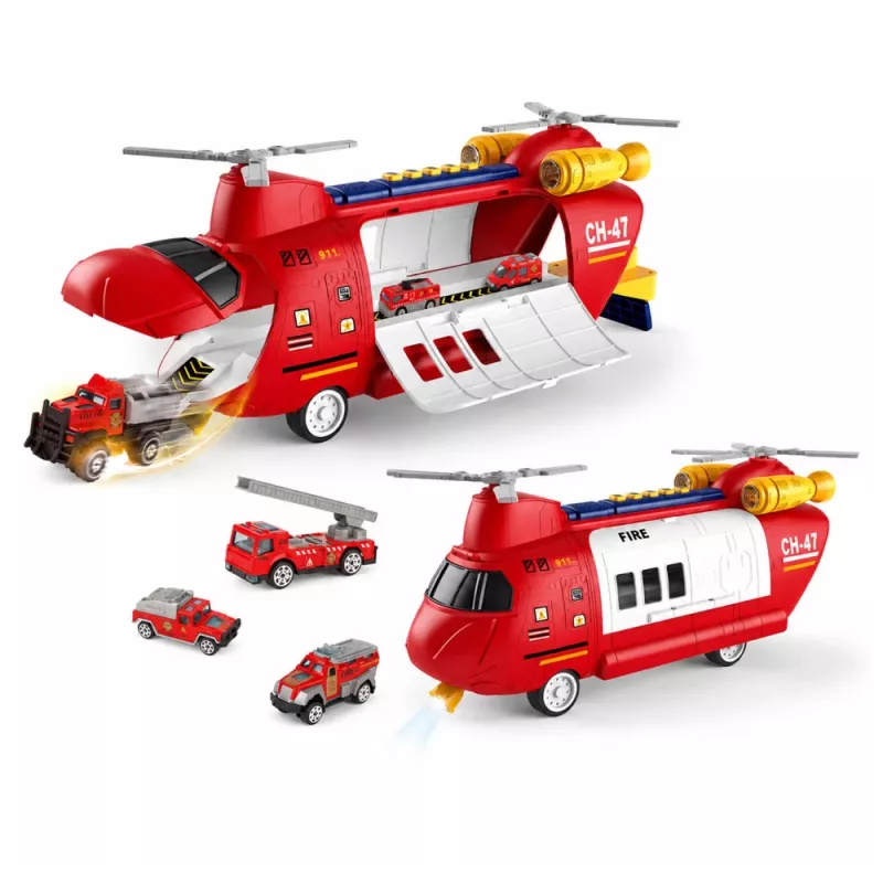 LEAN TOYS Gran avión de transporte de bomberos plegable con vehículos, luces y sonidos