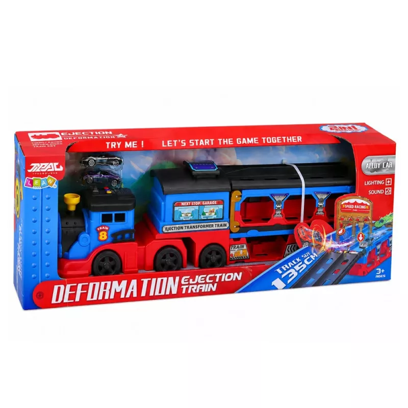 LEAN TOYS Transportador de locomotora con coches, vías, rampa de lanzamiento, luces y sonidos