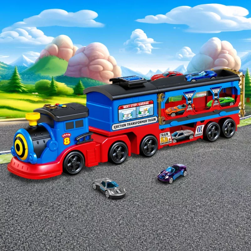 LEAN TOYS Transportador de locomotora con coches, vías, rampa de lanzamiento, luces y sonidos