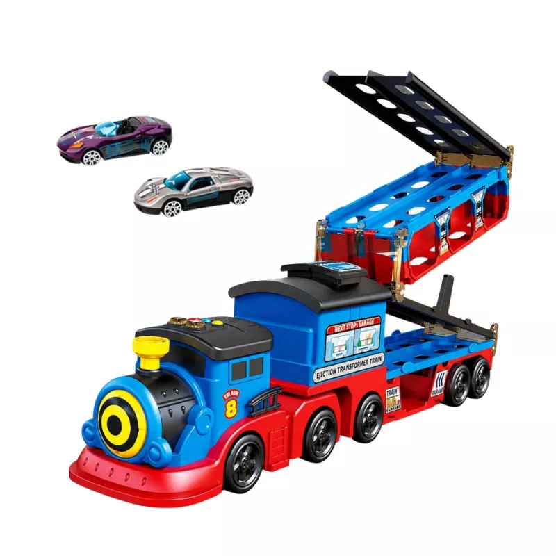 LEAN TOYS Transportador de locomotora con coches, vías, rampa de lanzamiento, luces y sonidos