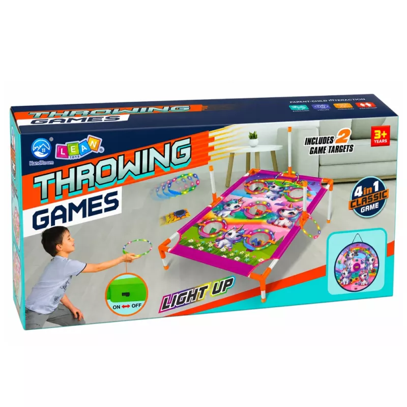 LEAN TOYS Juego de lanzamiento a diana 4 en 1 con unicornio, anillas y discos