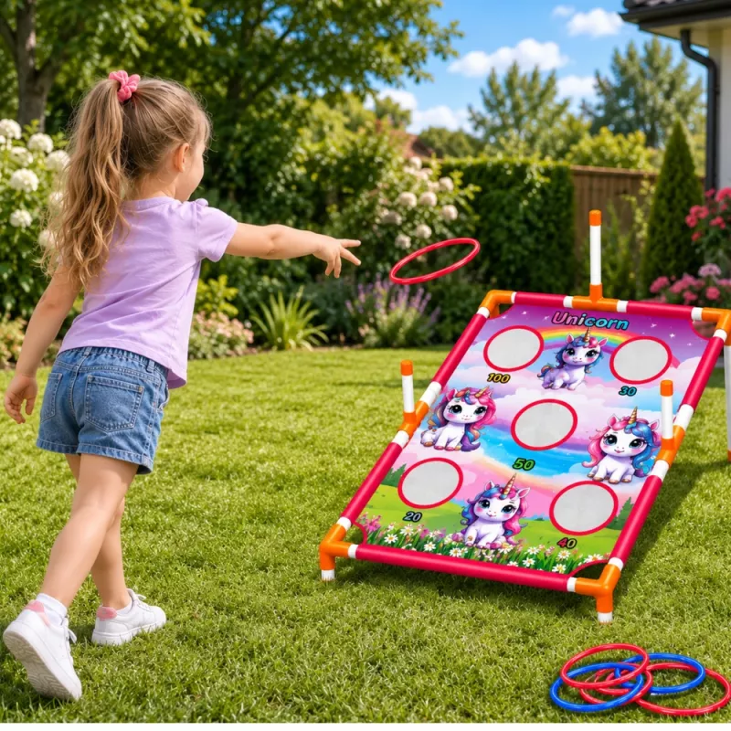LEAN TOYS Juego de lanzamiento a diana 4 en 1 con unicornio, anillas y discos