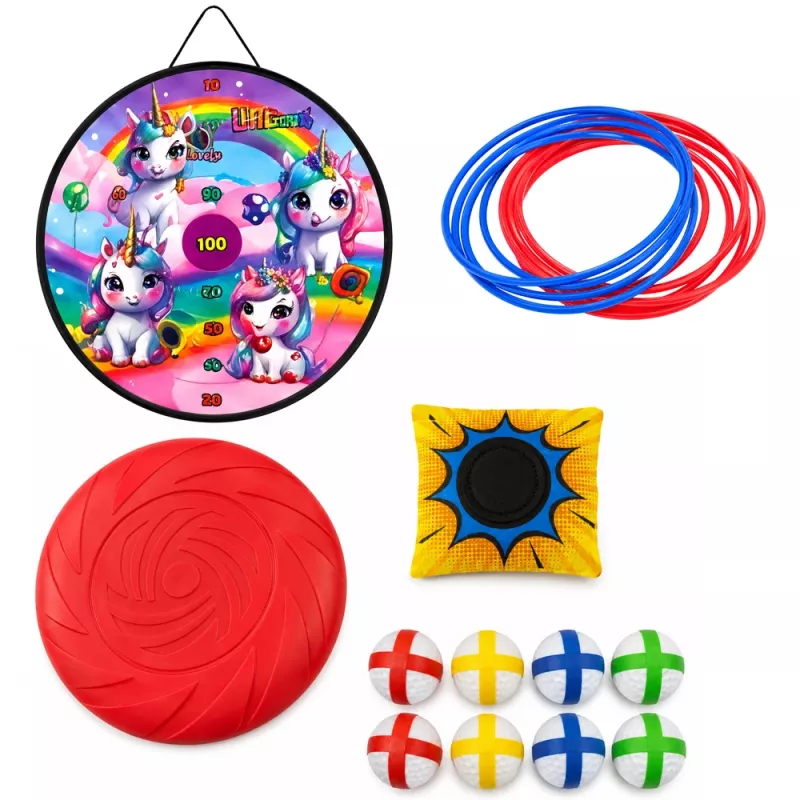 LEAN TOYS Juego de lanzamiento a diana 4 en 1 con unicornio, anillas y discos