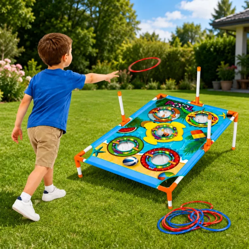 LEAN TOYS Juego de habilidad de lanzamiento a diana 4 en 1 con tablero, bolsas, aros, frisbee