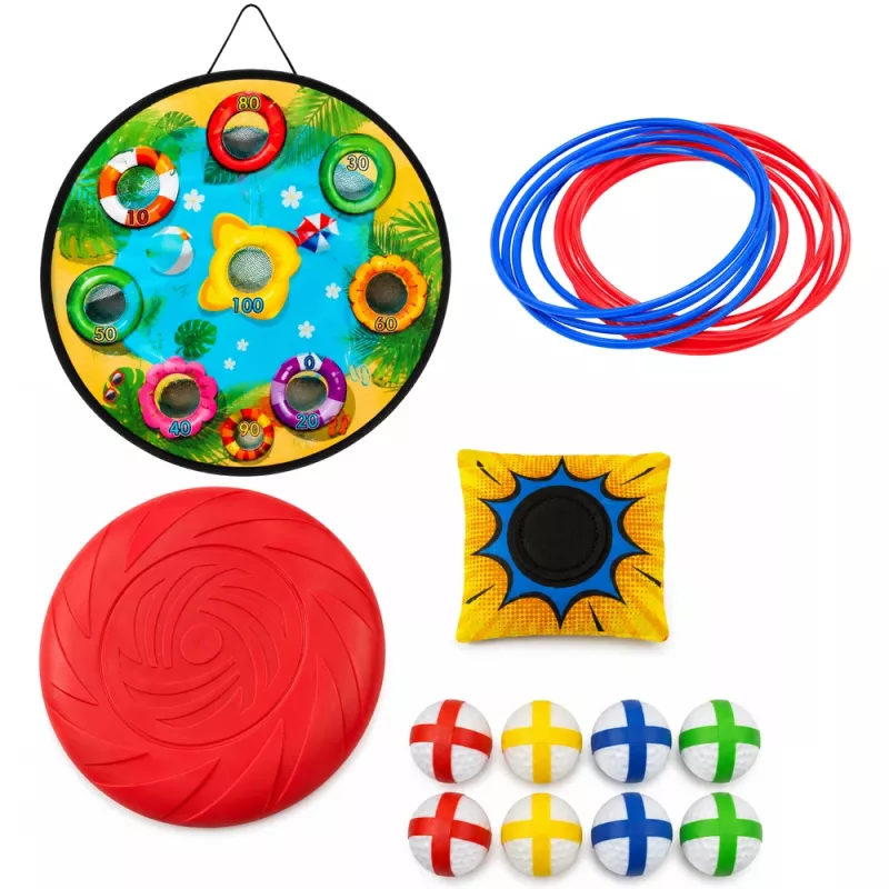 LEAN TOYS Juego de habilidad de lanzamiento a diana 4 en 1 con tablero, bolsas, aros, frisbee