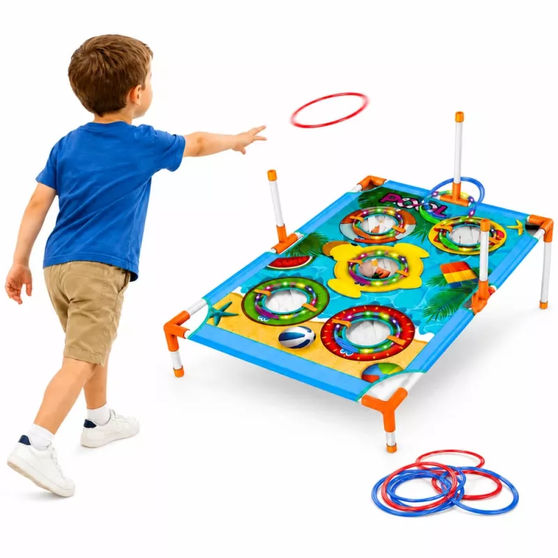 LEAN TOYS Juego de habilidad de lanzamiento a diana 4 en 1 con tablero, bolsas, aros, frisbee