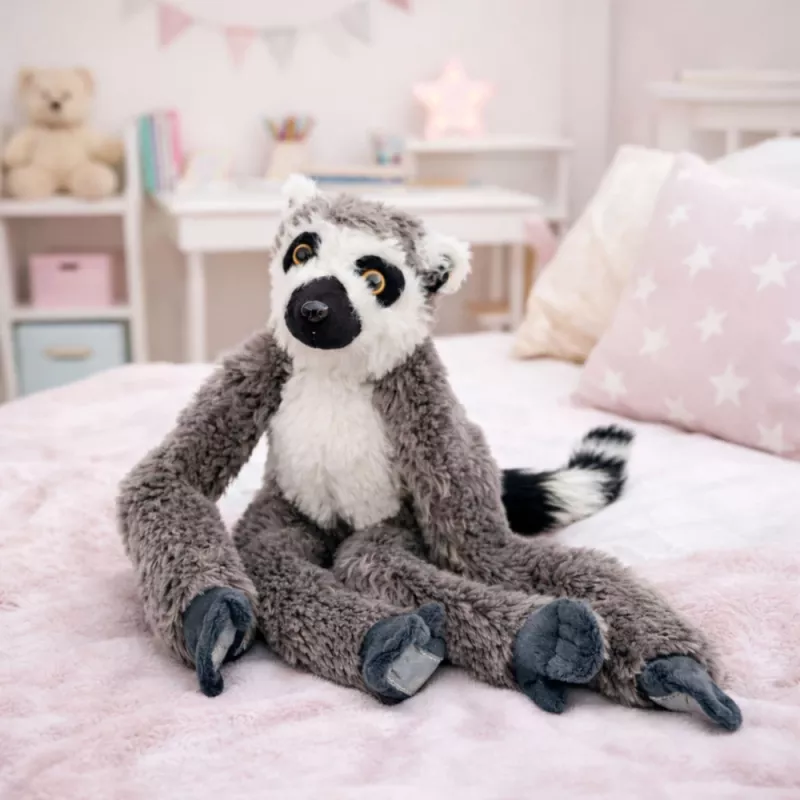 LEAN TOYS Mascota de peluche lémur con patas de velcro para colgar, 50 cm, gris/blanco/negro