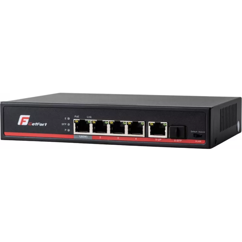 GETFORT GF-106-4PG-S-65 switch Gigabit PoE+ de 5 puertos (4 puertos PoE+, 65W, 1 SFP) sobremesa/pared