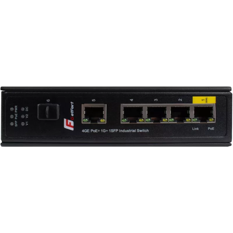 GETFORT GF-110-4PG-1G-1S switch PoE+ industrial, 4x PoE+ 10/100/1000Base-T + 1x 10/100/1000Base-T + 1x 1000Base-X SFP, -40°C a 80°C, carril DIN, presupuesto PoE de 65W