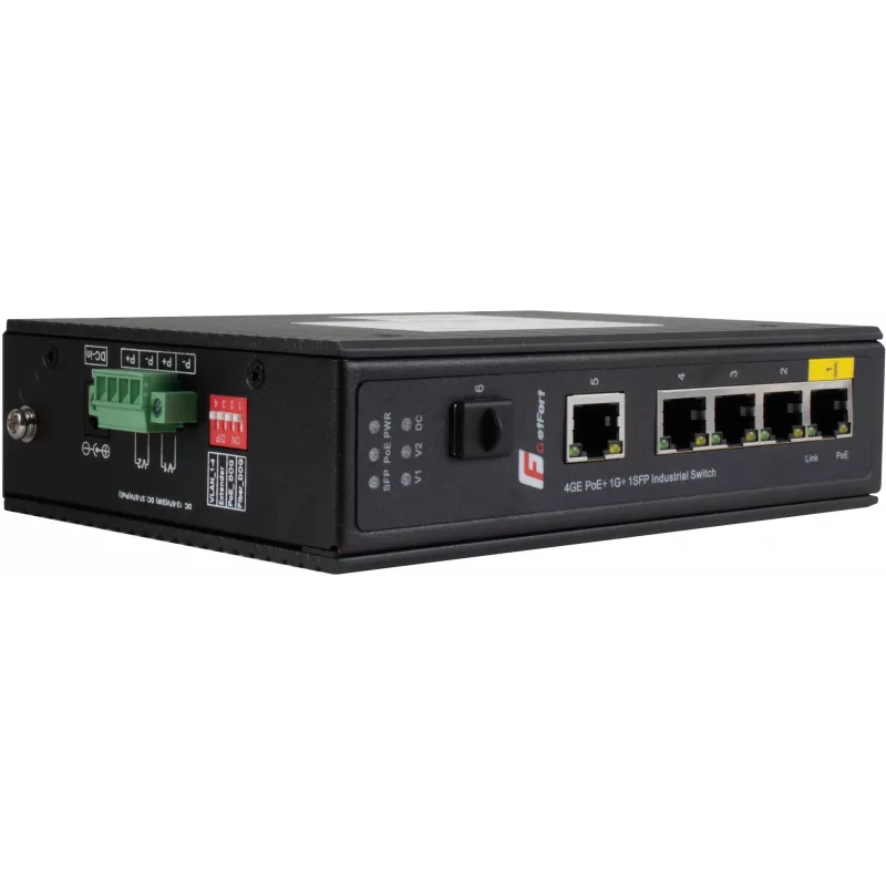 GETFORT GF-110-4PG-1G-1S switch PoE+ industrial, 4x PoE+ 10/100/1000Base-T + 1x 10/100/1000Base-T + 1x 1000Base-X SFP, -40°C a 80°C, carril DIN, presupuesto PoE de 65W