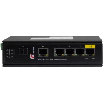 GETFORT GF-110-4PG-1G-1S switch PoE+ industrial, 4x PoE+ 10/100/1000Base-T + 1x 10/100/1000Base-T + 1x 1000Base-X SFP, -40°C a 80°C, carril DIN, presupuesto PoE de 65W