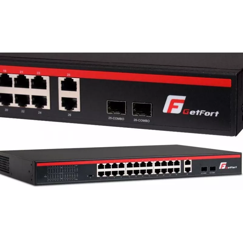 GETFORT GF-226G-24P-250 switch PoE+ no gestionado, 24x puertos PoE+ 10/100Mbps, 2x Gigabit RJ45, 2x SFP, 250W, para rack