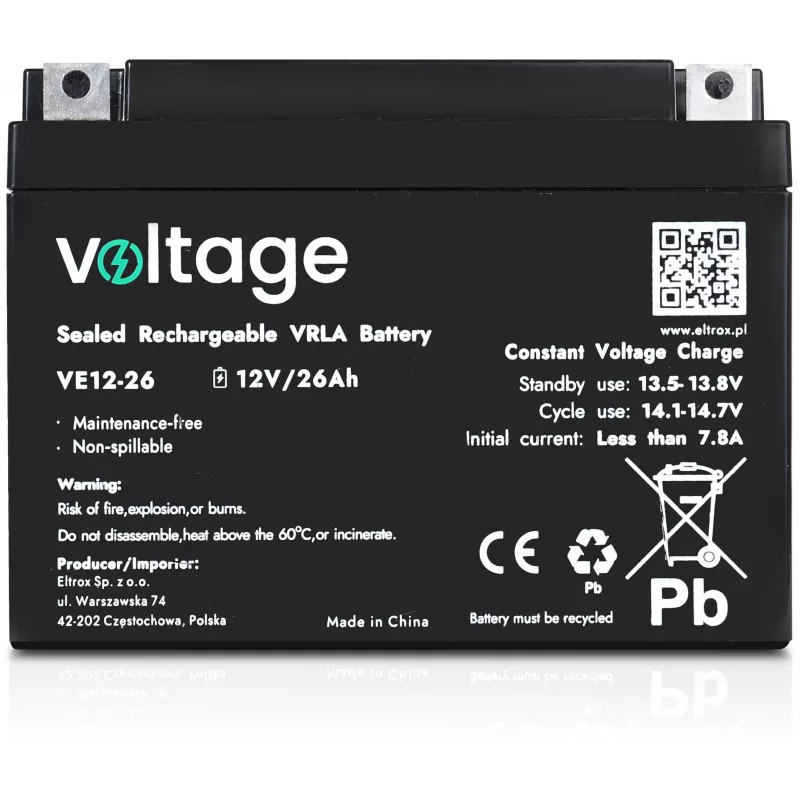 VOLTAGE batería AGM 12V 26Ah VE12-26 (vida útil de 6-9 años)