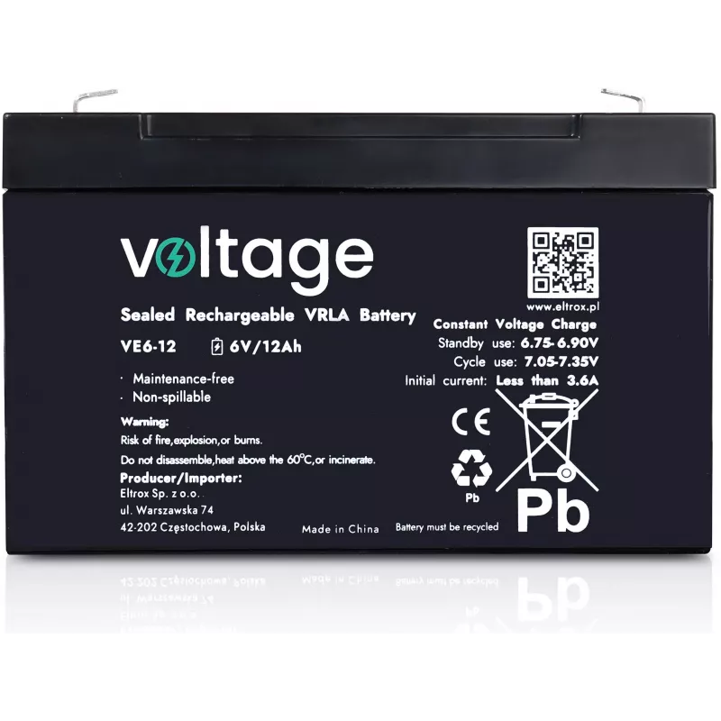 Batería AGM VOLTAGE 6V 12Ah VE6-12 (6-9 años de vida útil)