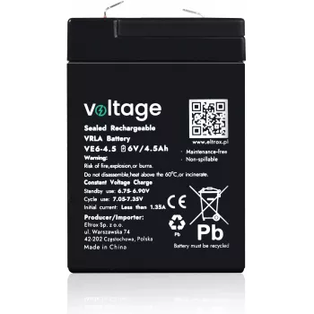 Batería AGM VOLTAGE 6V 4,5Ah VE6-4.5 (6-9 años de vida útil)